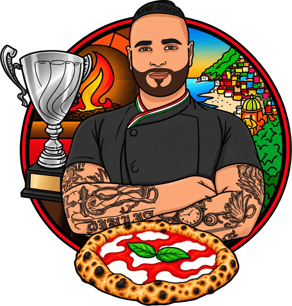 Illustration de Giacomo Citro, pizzaiolo de Casa Giacomo, bras croisés derrière une pizza margherita, avec trophée, four à bois et côte italienne